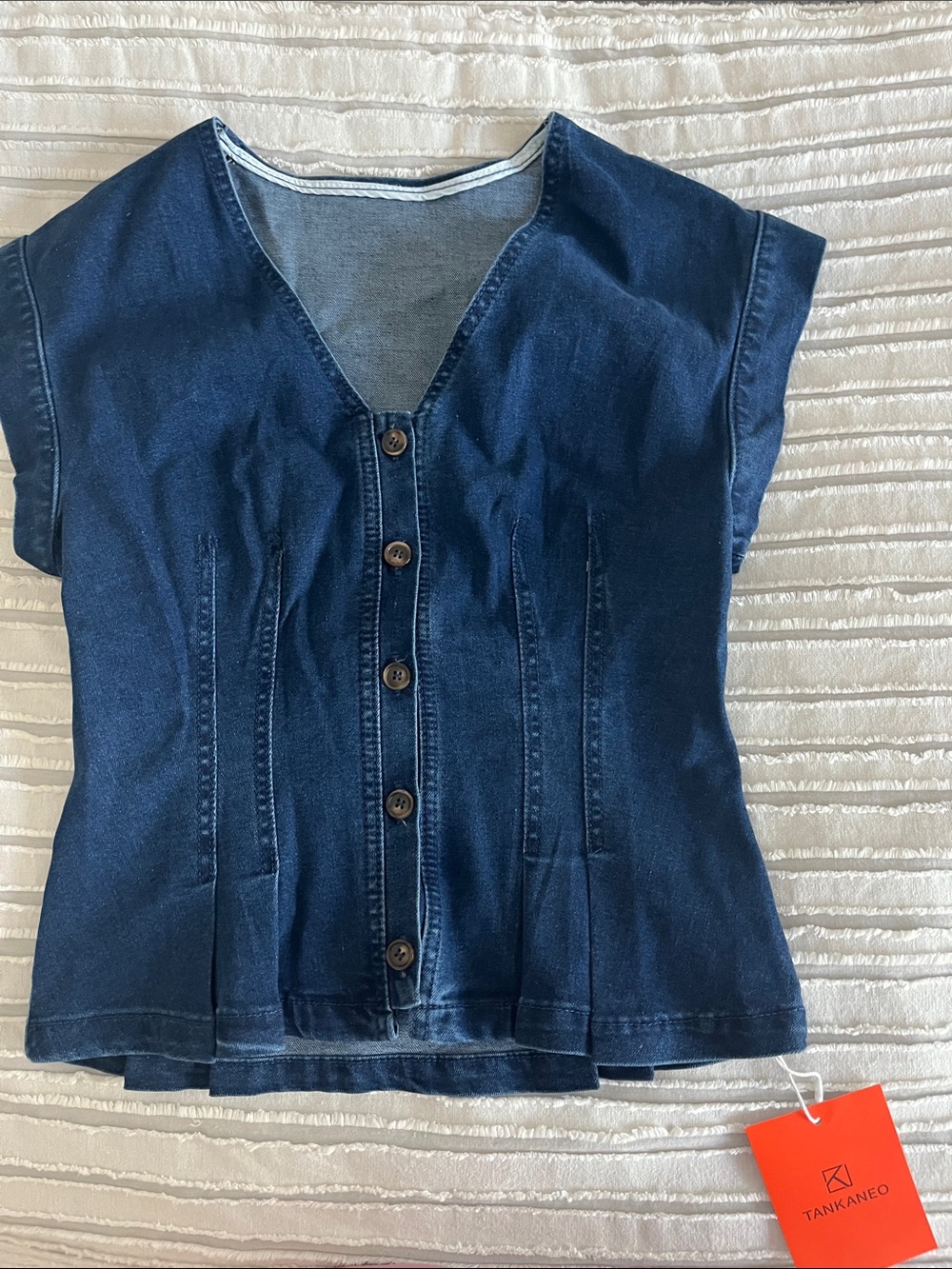 Tankaneko Dark Blue Denim Button-Front Women's Top - Picture 6 of 6